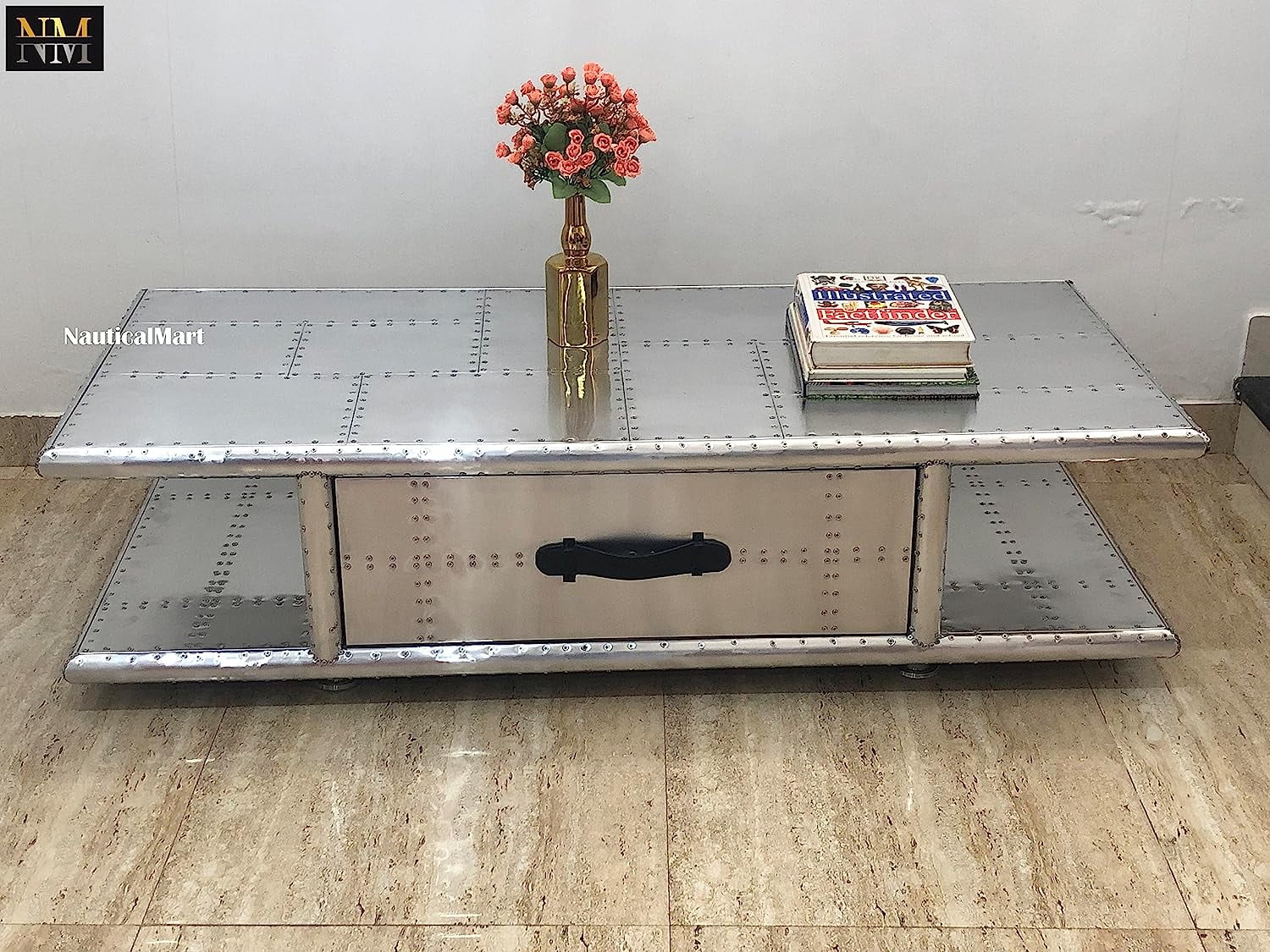 NauticalMart Aviator Coffee Table with Drawers Aluminum Rectangular Center Tea Table Housewarming Gift