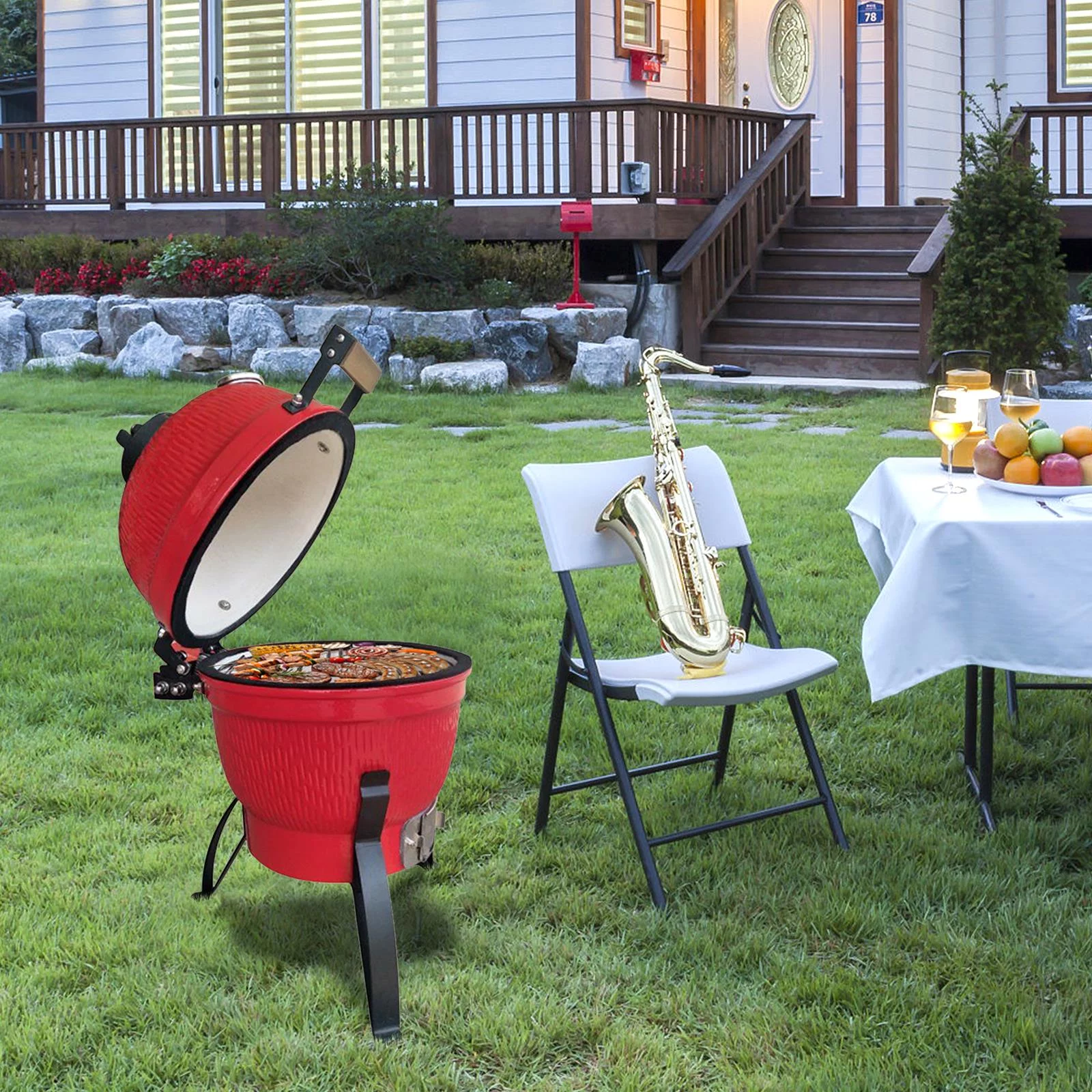 Winado 13in Charcoal Kamado Grill Ceramic Charcoal Grill for Outdoor Barbecue, Camping, BBQ Coal Grill Red