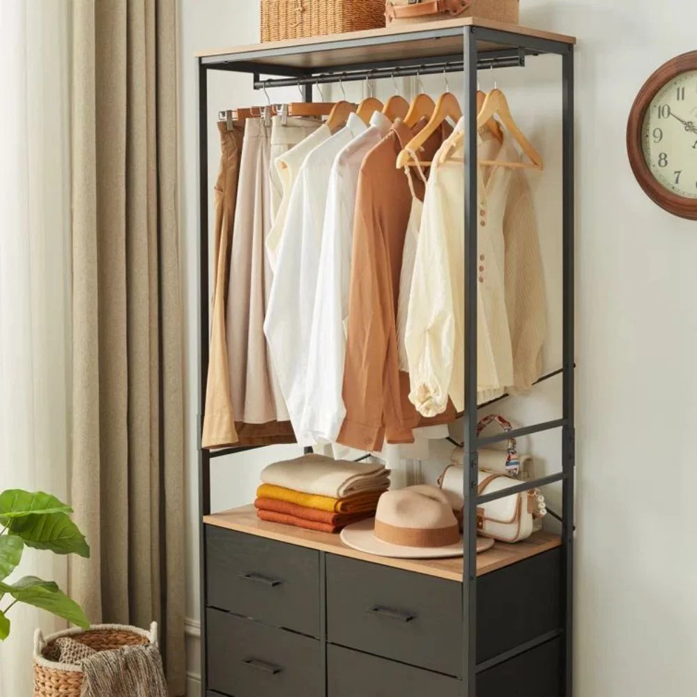 FRAPOW Freestanding Clothing Racks, Wardrobe Cabinet with Hanging Rod and 6 Drawer, Wardrobe Armoire for Bedroom, Wooden Roof