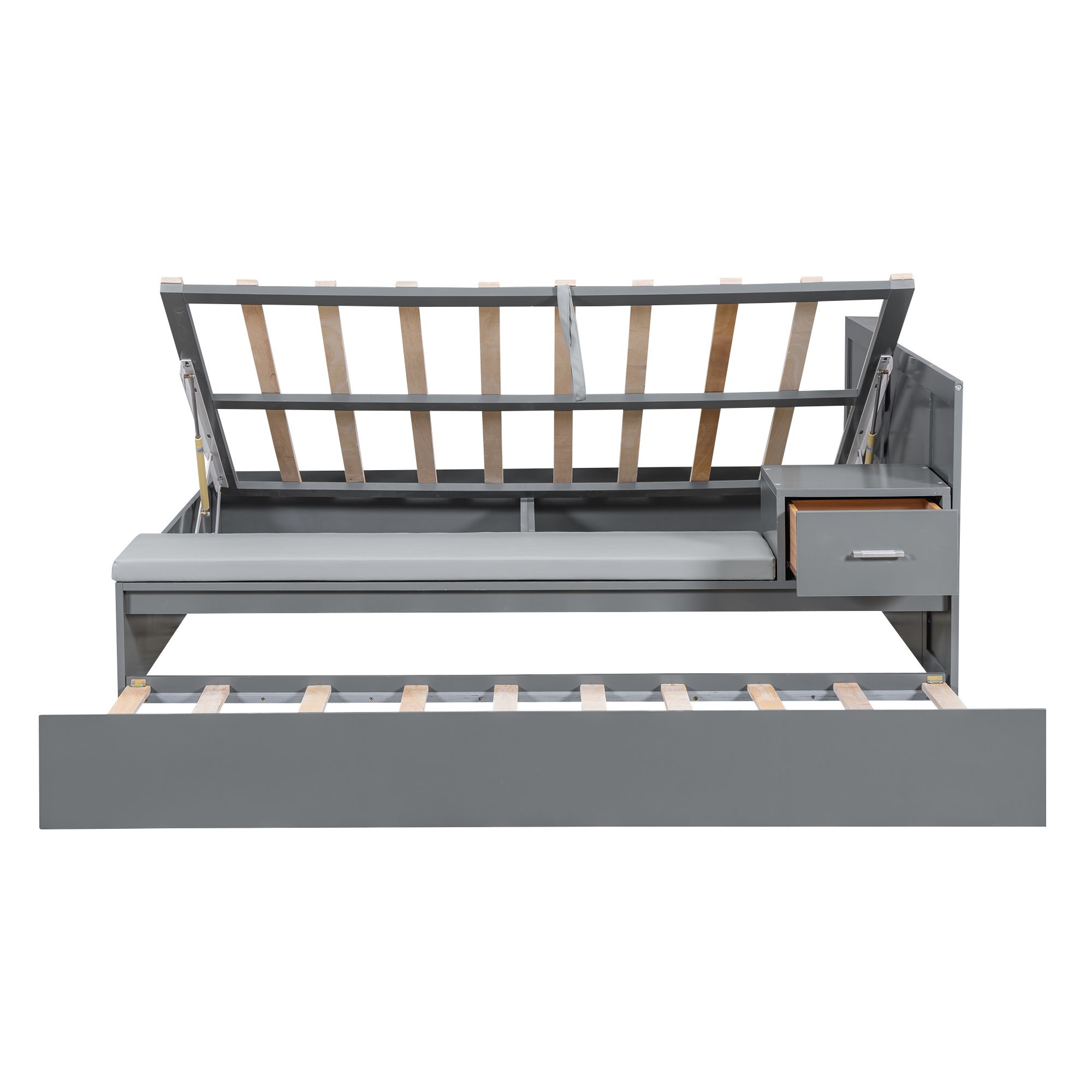 Full Size Solid Storage Hydraulic Wood Bed Frame with Twin Size Trundle, Side Table and Lounge, Platform Bed Frame, Mid Century Bedframe