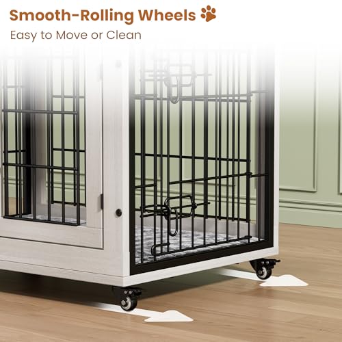 Lulive Dog Crate Furniture for Medium Dogs, 32'' Dog Kennel Indoor with Cushion & Wheels Wooden Dog Cage Double Doors Dog Crate End Table, Grey