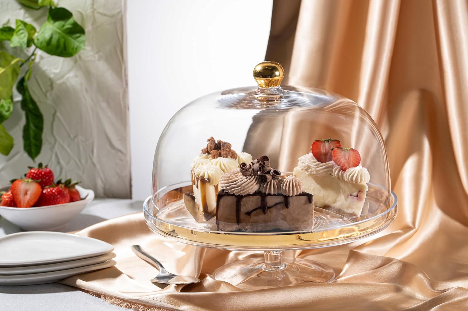 Glass - Cake Stand - and - Dome - with - Gold Rim - and - Gold Knob - for - Cake - Fruit - Cheese - 11.75" Diameter - Made in Europe - by Barski