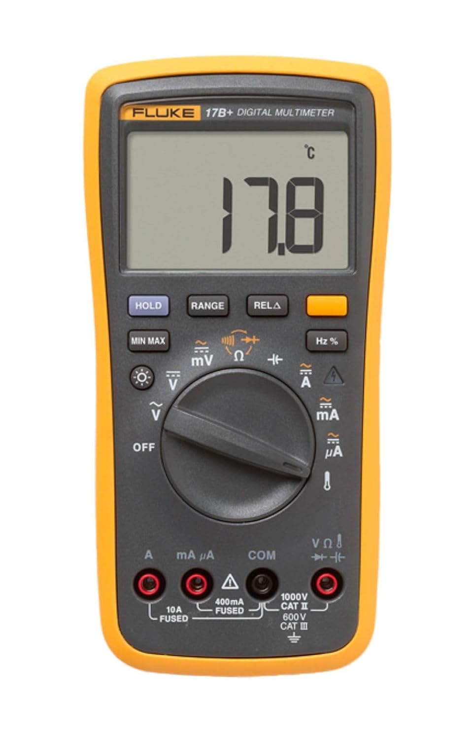Fluke 17B+ Digital Multimeter, for Electrical Applications, Measures AC/DC Voltage 100V, Current Measurements to 10A, Resistance, Continuity, Diode