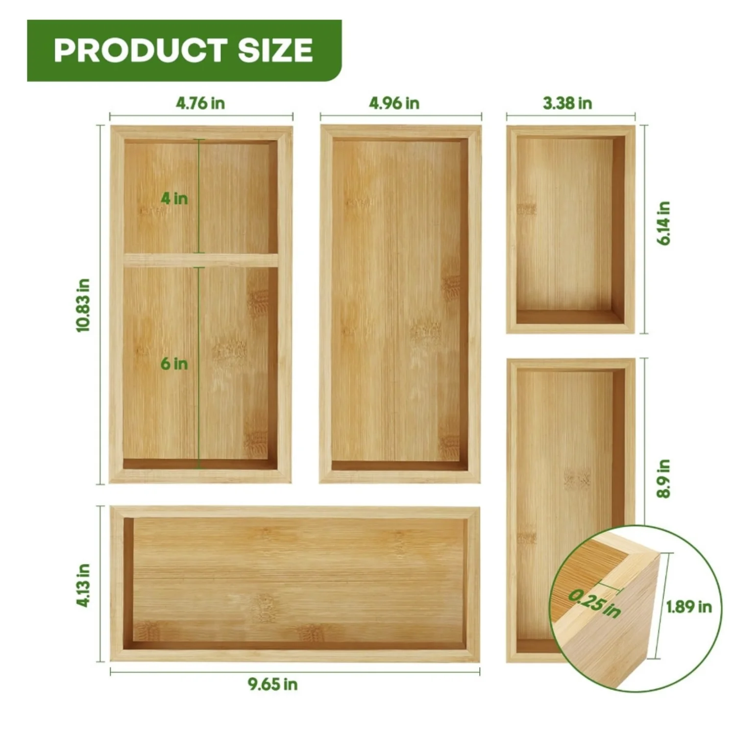 Bamboo Drawer Organizer Set, 5 PCS Multi-Use Individual Wood Storage Organizers, Junk Drawer Divider and Storage Trays Containers for Kitchen