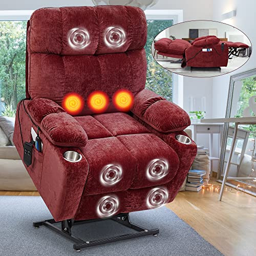 Electric Power Lift Recliner Oversize Chair Dual Motor Vibration Massage Heated Gift Fabric Single Sofa for Elder with Side Pockets Cup Holders for