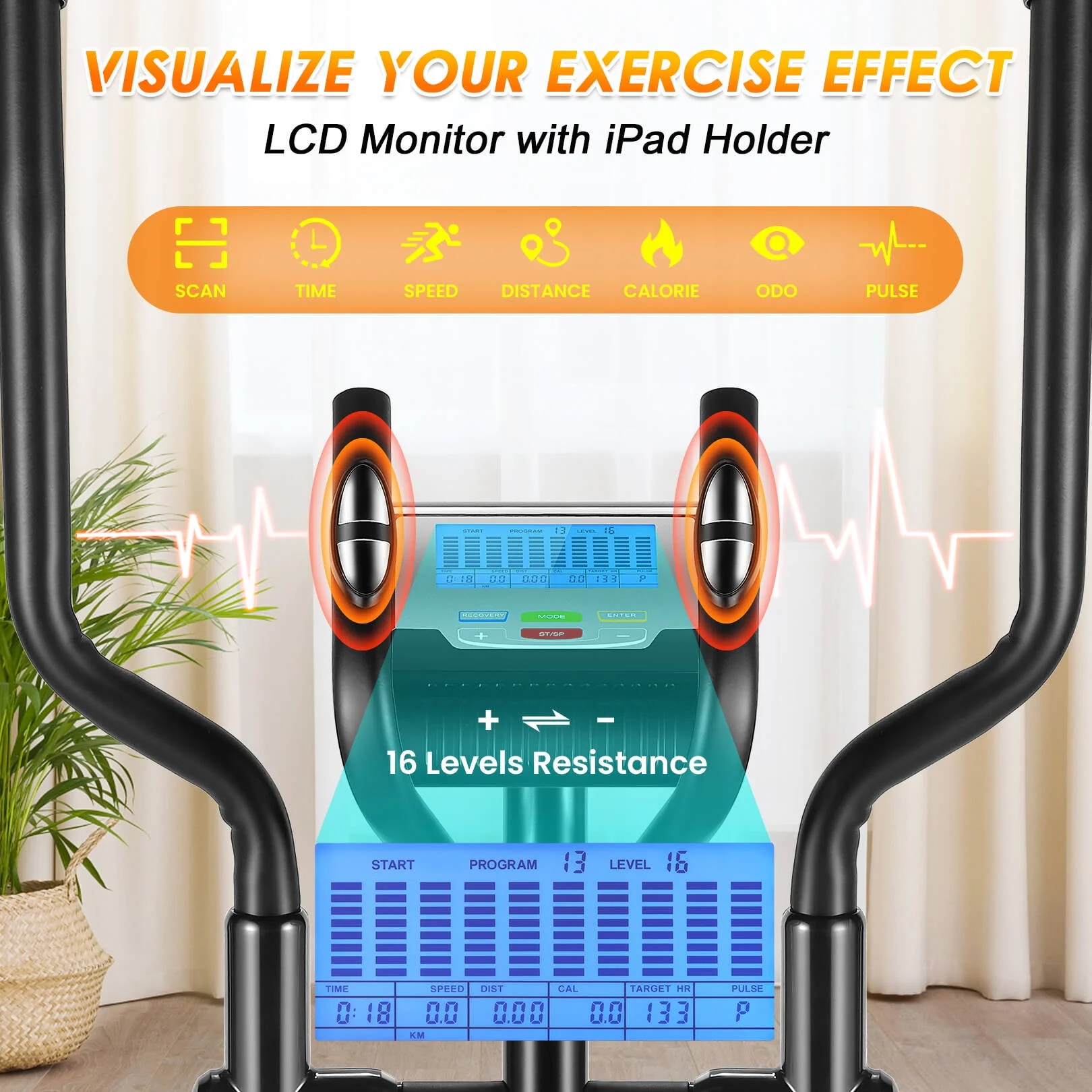 Elliptical Machine 8 Levels Elliptical Trainers with Heart Rate Sensor LCD Monitor Smooth Quiet Driven for Home Gym Office 390lbs Capacity 15inch