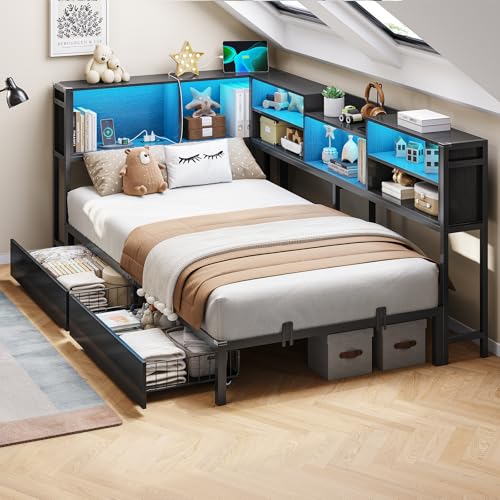 DICTAC Corner Twin Bed Frame with Bookcase Storage and Led Lights Metal Twin Size Platform Beds with Storage and Charging Station Twin Daybed with 2