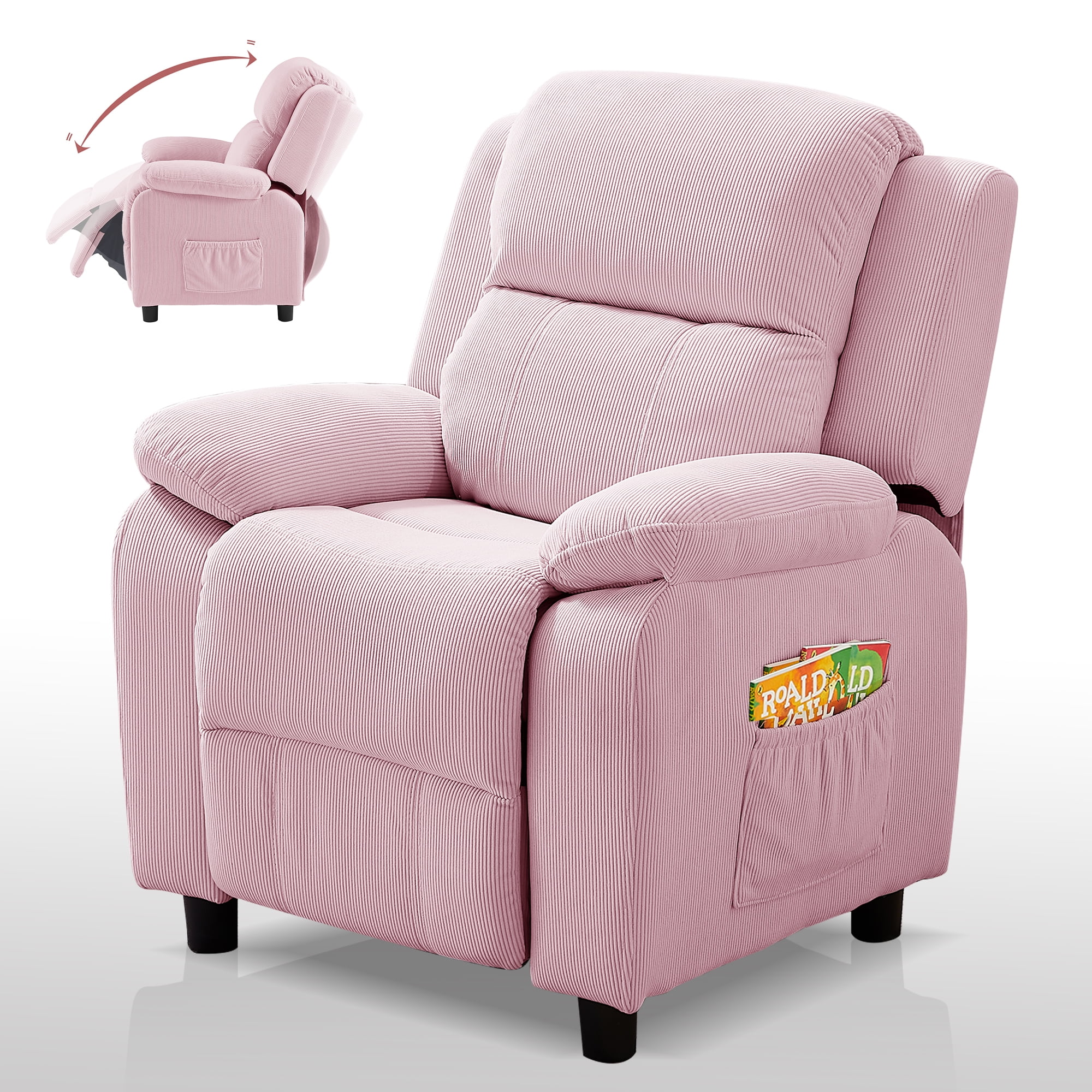 Ulax Furniture Kids Recliner Chair Adjustable Kids Lounge Recliner Couch with Footrest, Storage Arms, Side Pockets for Girls Boys, Pink