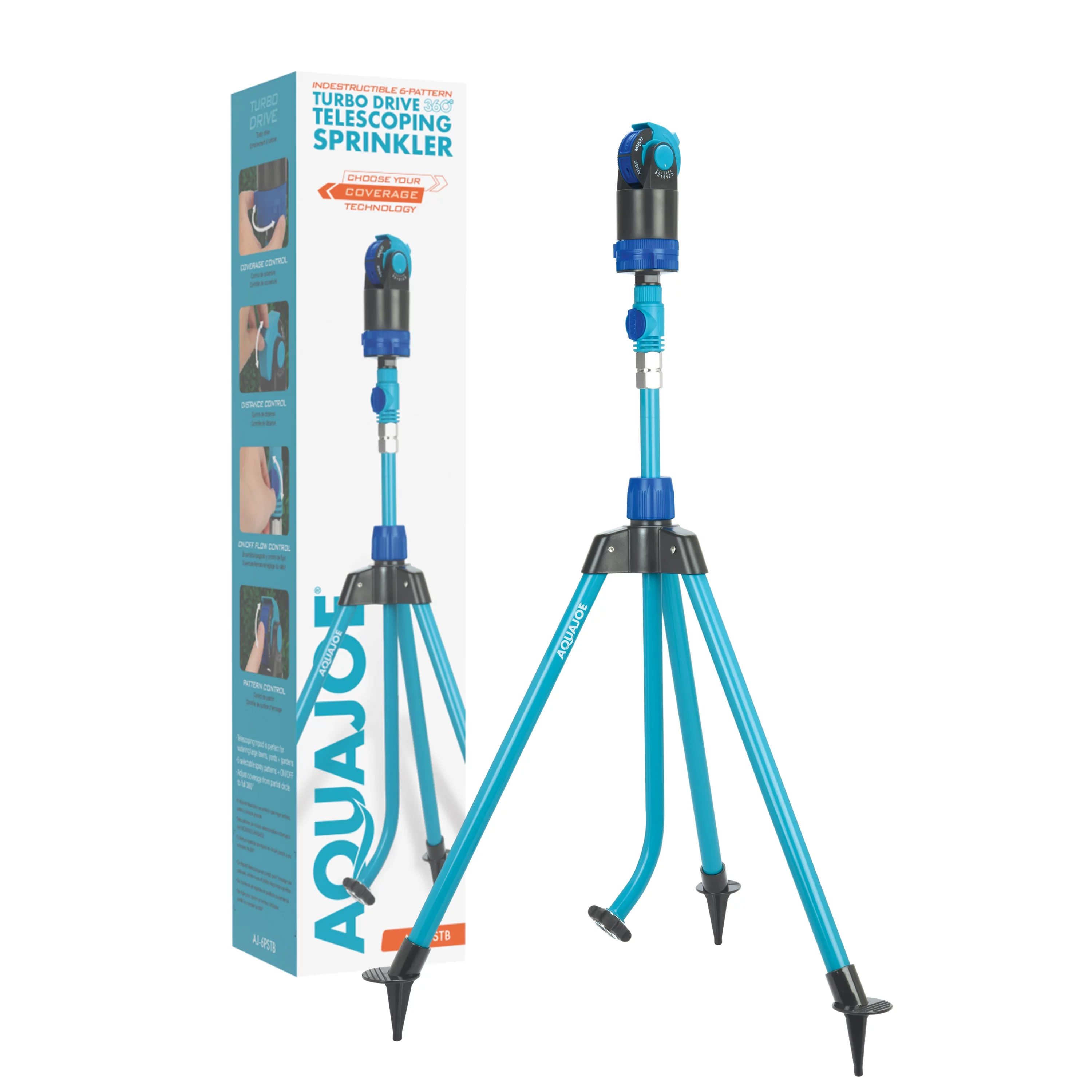 Aqua Joe Indestructible Turbo Drive 360&ordm; Telescoping Tripod Lawn & Garden Sprinkler, 6 Spray Patterns, 4,500 Sq. ft. Max Coverage