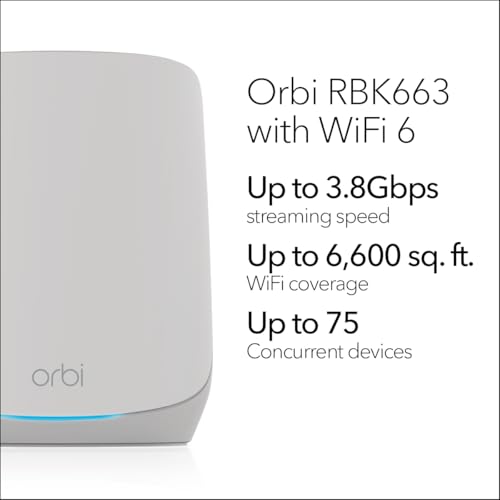 NETGEAR Orbi Whole Home Tri-Band WiFi 6 Mesh Network System (RBK663) &ndash; Router with 2 Satellite Extenders, Security Features, Coverage up to 6