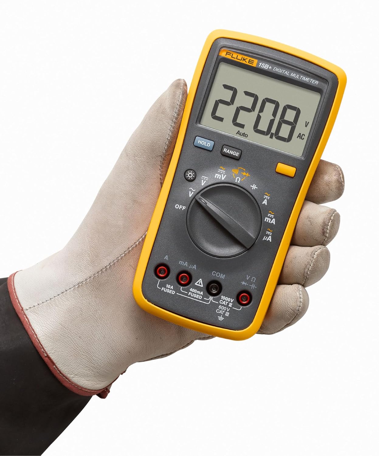 Fluke 15B+ Digital Multimeter, for Electrical Applications, Measures AC/DC Voltage and Current Measurements up to 1000V and 10A
