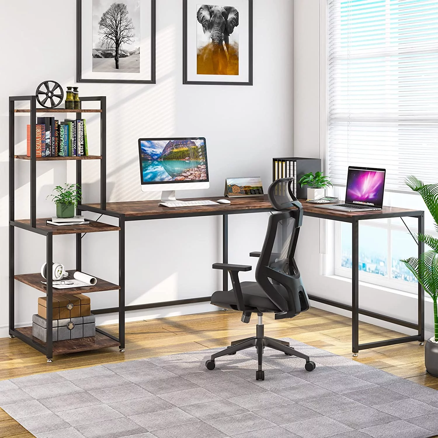 HJZBNONE 79 Inch Reversible L-Shaped Desk  Industrial Large Corner Desk with 5 Tier  Shelves  Large L Desk Home Office Desk Computer Table Writing