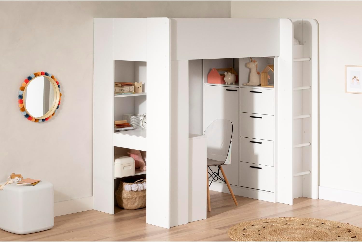 Boldly Bohemian Bed with Desk Pure White, Rectangular, Twin Size, Murphy bed, Wood - 77 x 42 x 72.5 inches