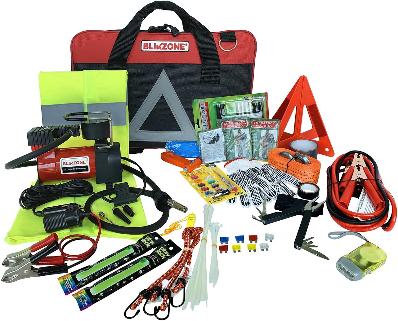 BLIKZONE Auto Roadside Emergency car kit Camo 81 Pc for Vehicle Emergency: Portable Air Compressor, Jumper Cables, Tire Repair Kit