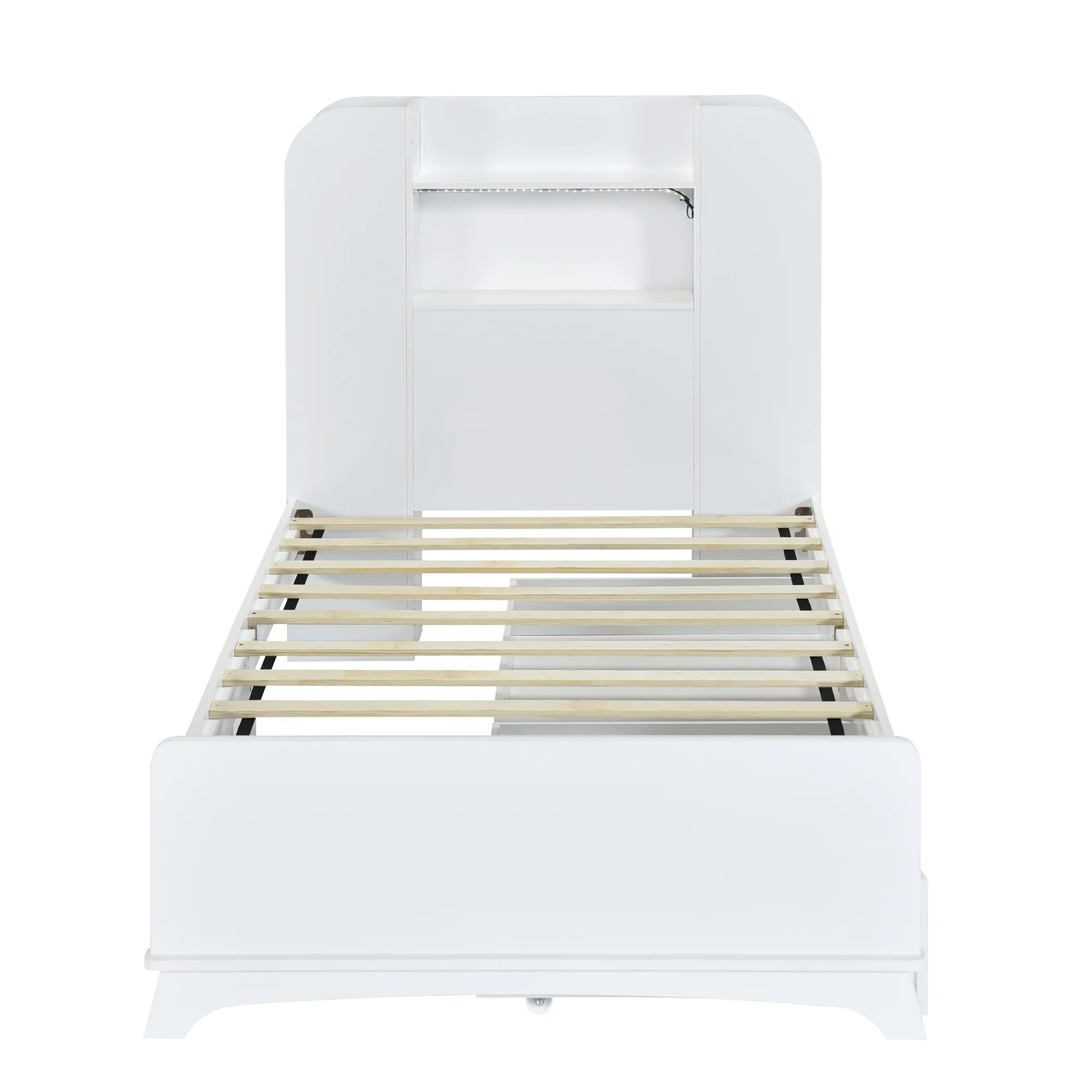 EUROCO Wood Twin Size Platform Bed with Storage Headboard and 2 Drawers, Open Shelf and LED Light for Kids Teens Adults, White