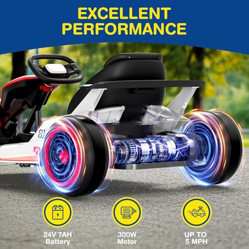 Planet X8 24V Electric Go Kart, 2x150W Drift Kart for Big Kids, 5-Point Safety Belt with Soft Start, Up to 8 MPH Racing Speed, 7AH Large Battery