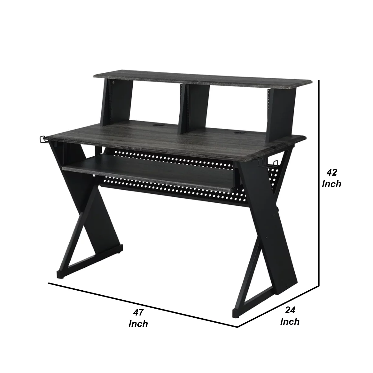 Tin 47 Inch Wood Music Desk Studio Station, Keyboard Tray, Shelves, Gray- Saltoro Sherpi