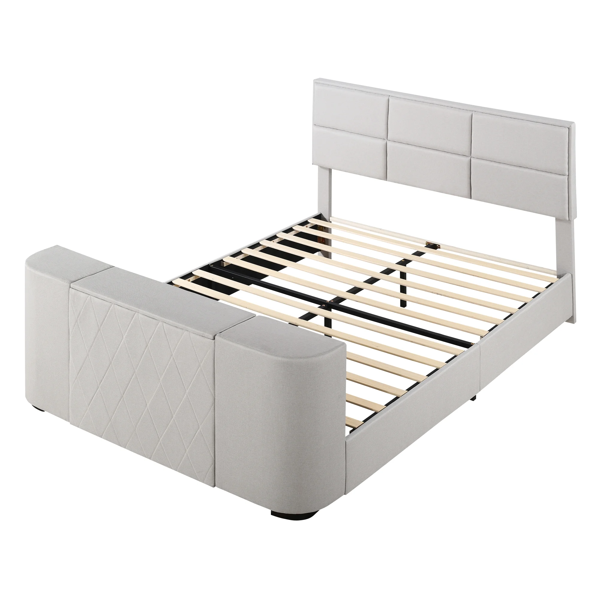 Euroco Upholstery Queen Size Platform Bed, Gaming Bed with Hidden TV Mount and Adjustable Headboard for Living Room, Beige