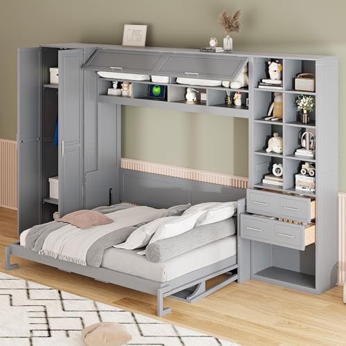 SOFTSEA Queen Size Murphy Bed with Desk, Horizontal Murphy Bed with Storage Wardrobe Drawers and Shelves, Hidden Wall Bedframe for Guest Room