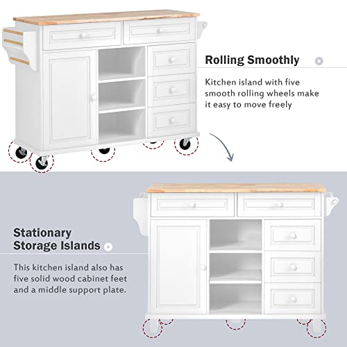 53.5''Farmhouse Kitchen Island with Power Outlet, Kitchen Storage Island with Drop Leaf, Spice Rack and Drawer, Rolling Kitchen Cart on Wheels