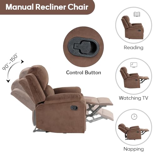 Classic Manual Recliner Chair with Soft Padded Headrest and Armrest, Overstuffed Recliner Single Sofa Chair for Living Room, Bedroom, Brown