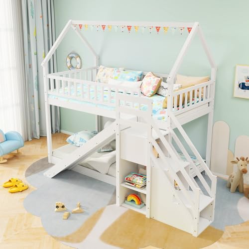 Giantex House Bunk Bed Twin Over Twin with Slide & Stairs, Wood Bunk Bed with Storage Shelves, No Box Spring Needed