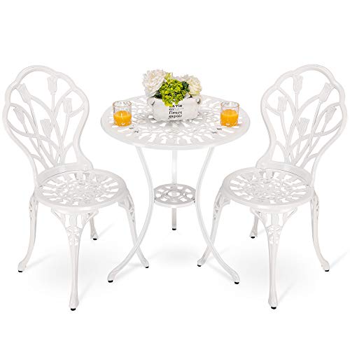 HOMEFUN Bistro Table and Chairs Set of 2 Outdoor 3 Piece Patio Set, Rose Pattern Cast Aluminum Bistro for Garden Balcony