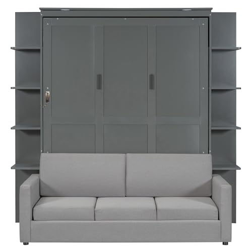 HABITRIO Queen Size Murphy Bed, Wooden Queen Murphy Bed Frame with Shelves, Wall Bed with L-Shape Sofa, White