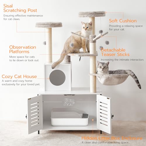 HOOBRO Cat Tree with Litter Box Enclosure, 27.6" L x 18.9" W x 52" H, All-in-One Wooden Cat Tower, Cat Furniture for Indoor Cats