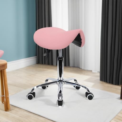 KKTONER Rolling Saddle Stool PU Leather Swivel Adjustable Rolling Stool with Wheels Salon Chair Black
