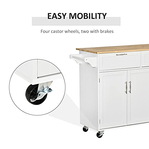 HOMCOM Mobile Kitchen Island with Storage, Kitchen Cart with Wood Top, Storage Drawers, 3-Door Cabinets, Adjustable Shelves and Towel Rack, White