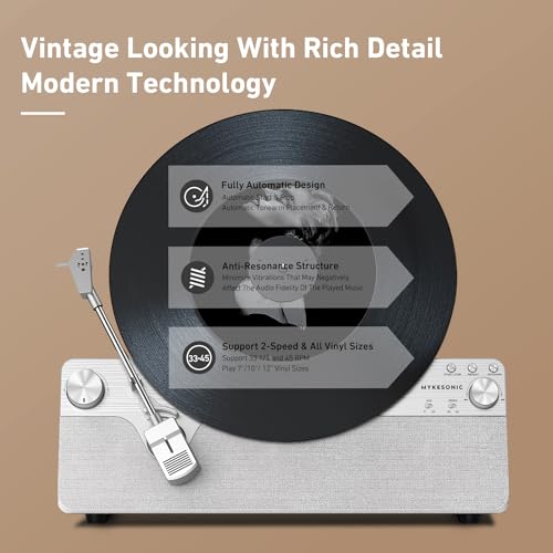 Vertical Automatic Record Player Bluetooth, MYKESONIC Belt Drive Vinyl Turntable, Magnetic AT-3600L Cartridge, Bluetooth in & Out