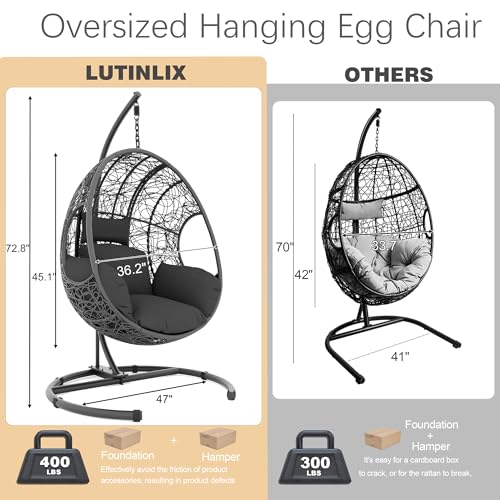 Oversized Hanging Egg Chair Outdoor Indoor, Wicker Swing Egg Chair with Stand 400lbs Capacity for Bedroom, Patio, Garden and Balcony (Beige-nest