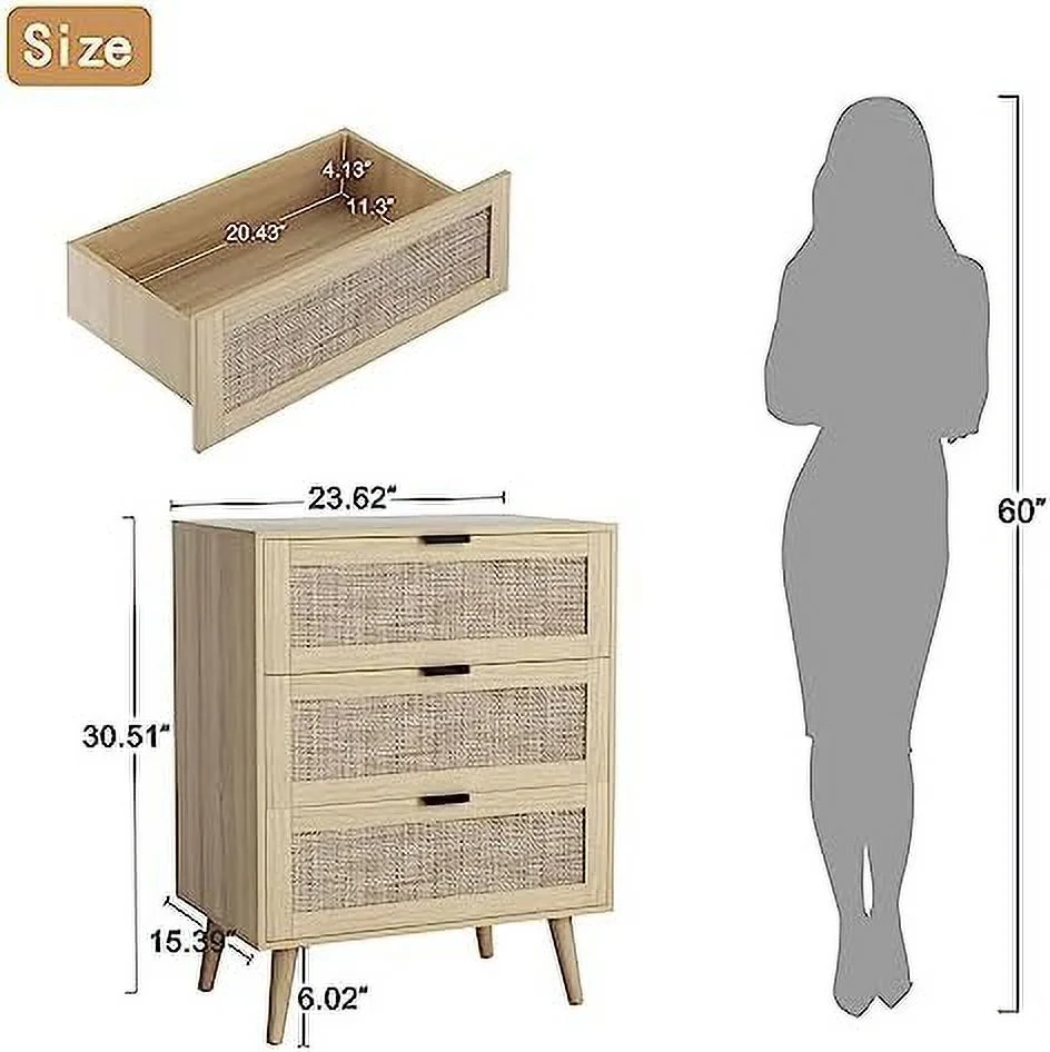 TJUNBOLIFE 3 Drawer Dresser Chests for Bedroom  3 Drawer Nightstand   Rattan Small Dresser Cabinet of 3 Drawers with Solid Wood Legs &amp