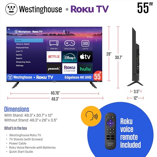 Westinghouse Roku TV - 43 Inch Smart TV, 4K UHD QLED Television w/HDR 10+, Dolby Vision, Wi-Fi & Mobile App Connectivity