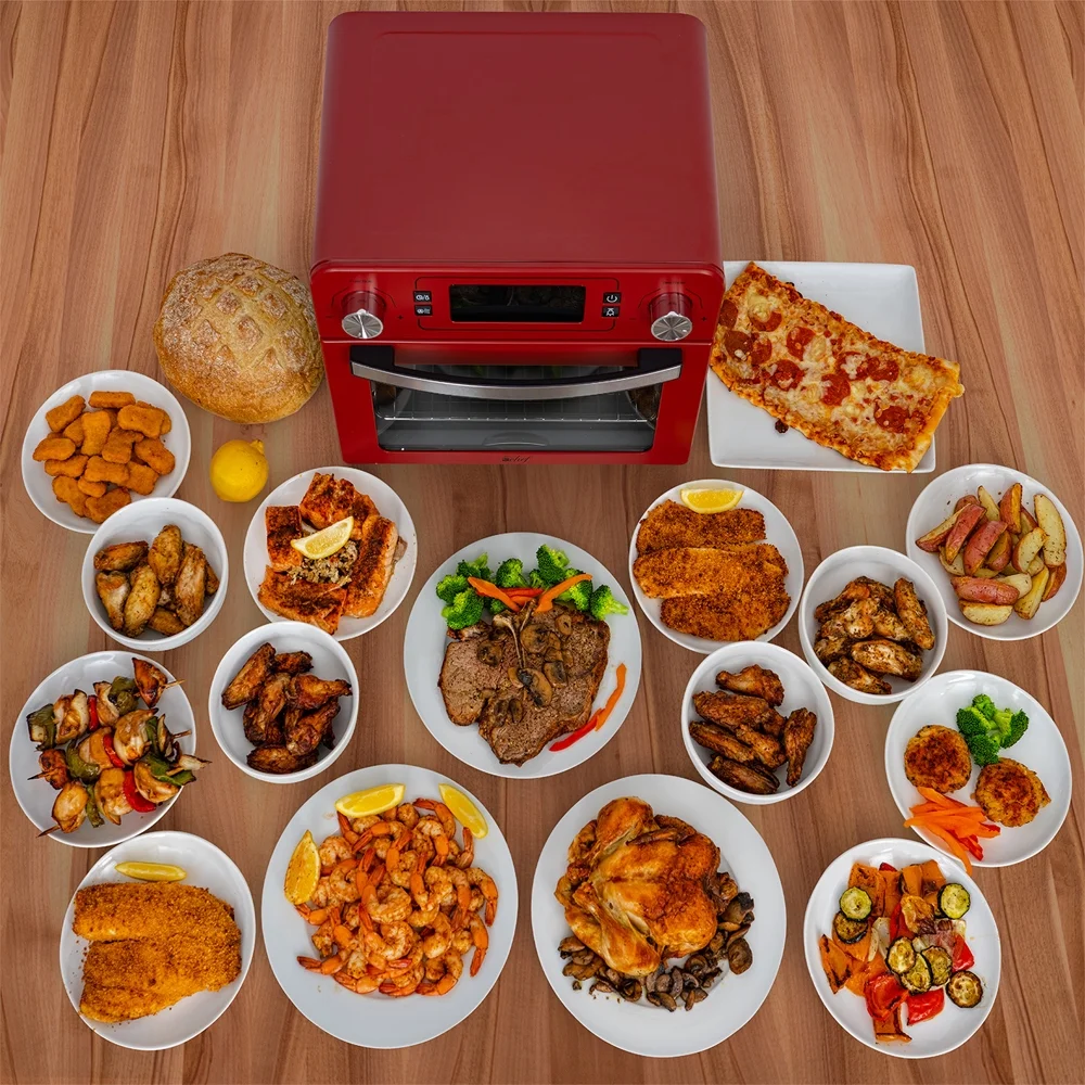 Deco Chef TQAIRRED 24QT Stainless Steel Countertop Toaster Air Fryer Oven with Accessories Red Bundle with 1 Year Extended Protection Plan