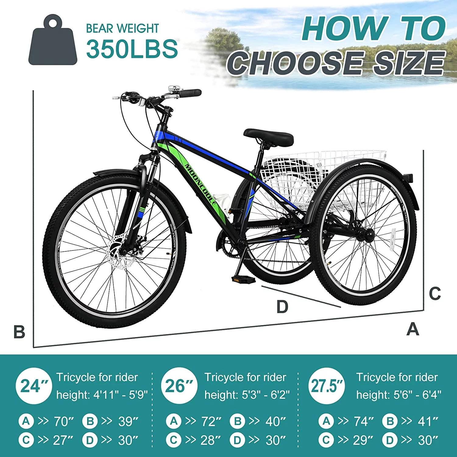 Mooncool Adult Mountain Tricycle, 7 Speed Three Wheel Bike, 24/26/27.5 Inch Adults Trikes for Seniors with Shopping Basket