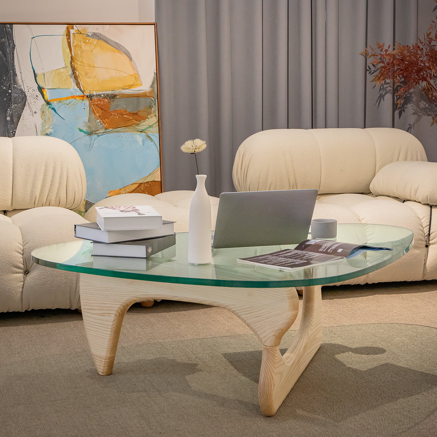 Mid Century End Table Triangle Tempered Glass Coffee Table Solid Wooden Base for Living Room Patio,Nature Wood Color - Radiant Selections