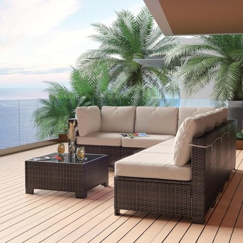 6 Piece Outdoor Patio Furniture Set with Coffee Table, Rattan Deck Conversation Sofa Set