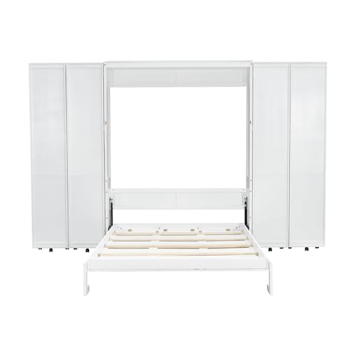 Queen Size Murphy Bed with Sofa, Shelves, USB & Light, Can be Folded Wall Bed and Tall Cabinet with Glass Doors& Wine Rack