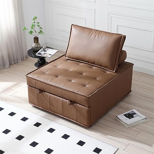 Senviy PU Leather Convertible Sofa Bed with Pillow and Button Tufted, Pull-Out Sleeper Single Sofabed Leisure Sofa Chair for Office, Living Room