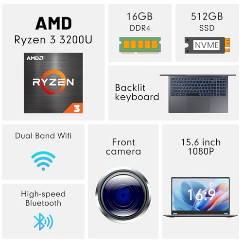 EYY 2 in 1 Laptop Computer, 15.6" 16GB DDR4 512GB SSD Touchscreen Notebook, AMD Ryzen R3 3200U(Up to 3.5 GHz), Radeon Vega 3, 1920x1080 FHD Display