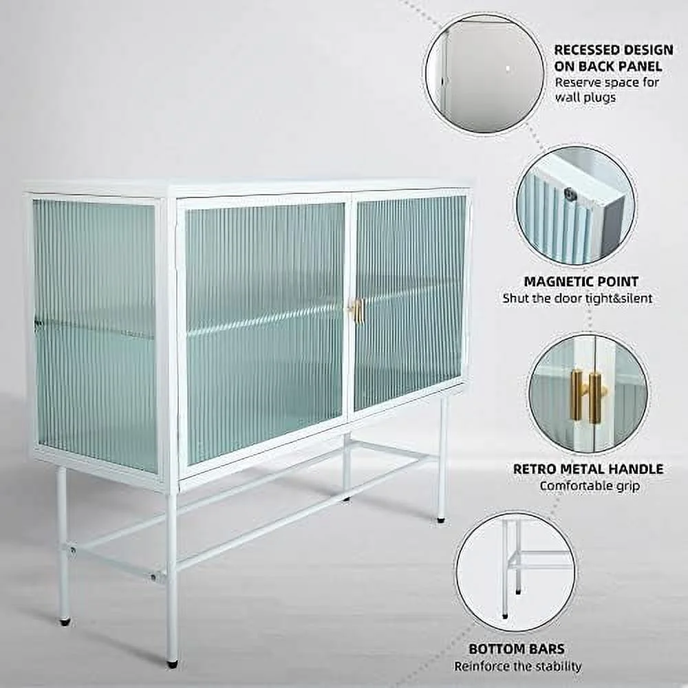 TJUNBOLIFE Retro Style Fluted Glass  Cabinet Corner Cabinet Sideboard Dual Doors Three Detachable Wide Shelves Enclosed Dust-Free  for Living Room