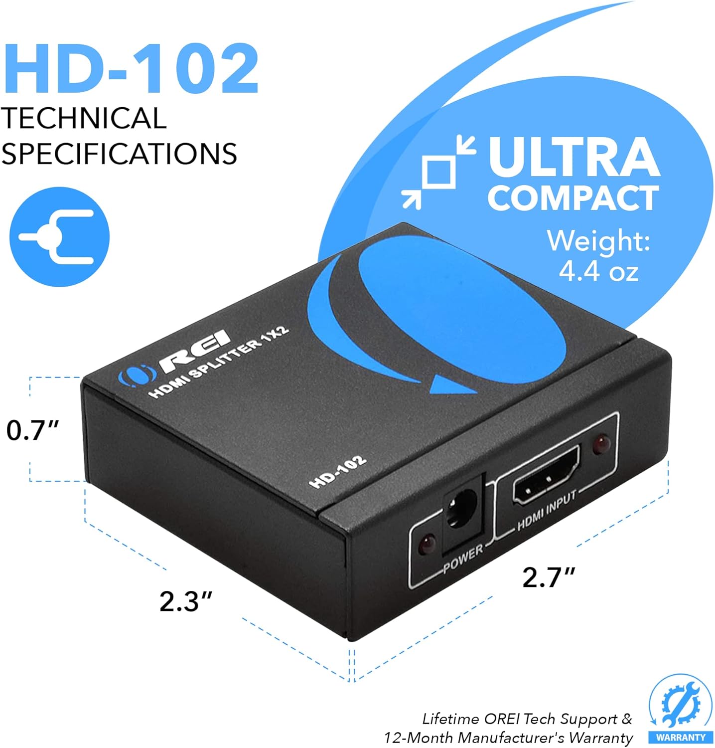 OREI HDMI Splitter 1 in 2 Out 4K - 1x2 HDMI Display Duplicate/Mirror - Powered Splitter Full HD 1080P, 4K @ 30Hz (One Input To Two Outputs)