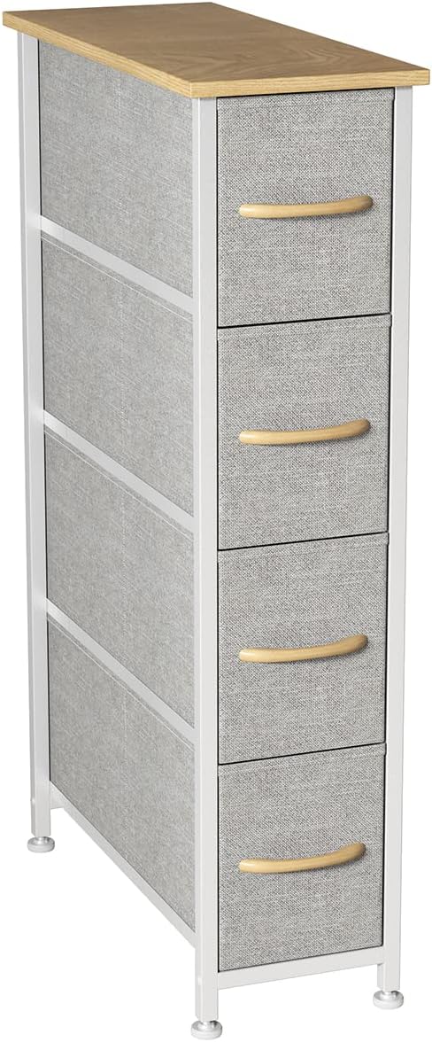 Somdot Vertical Dresser Narrow Storage Tower with 4 Drawers for Bedroom Office Laundry Closet Entryway Hallway Nursery Room, Steel Frame, Wood Top