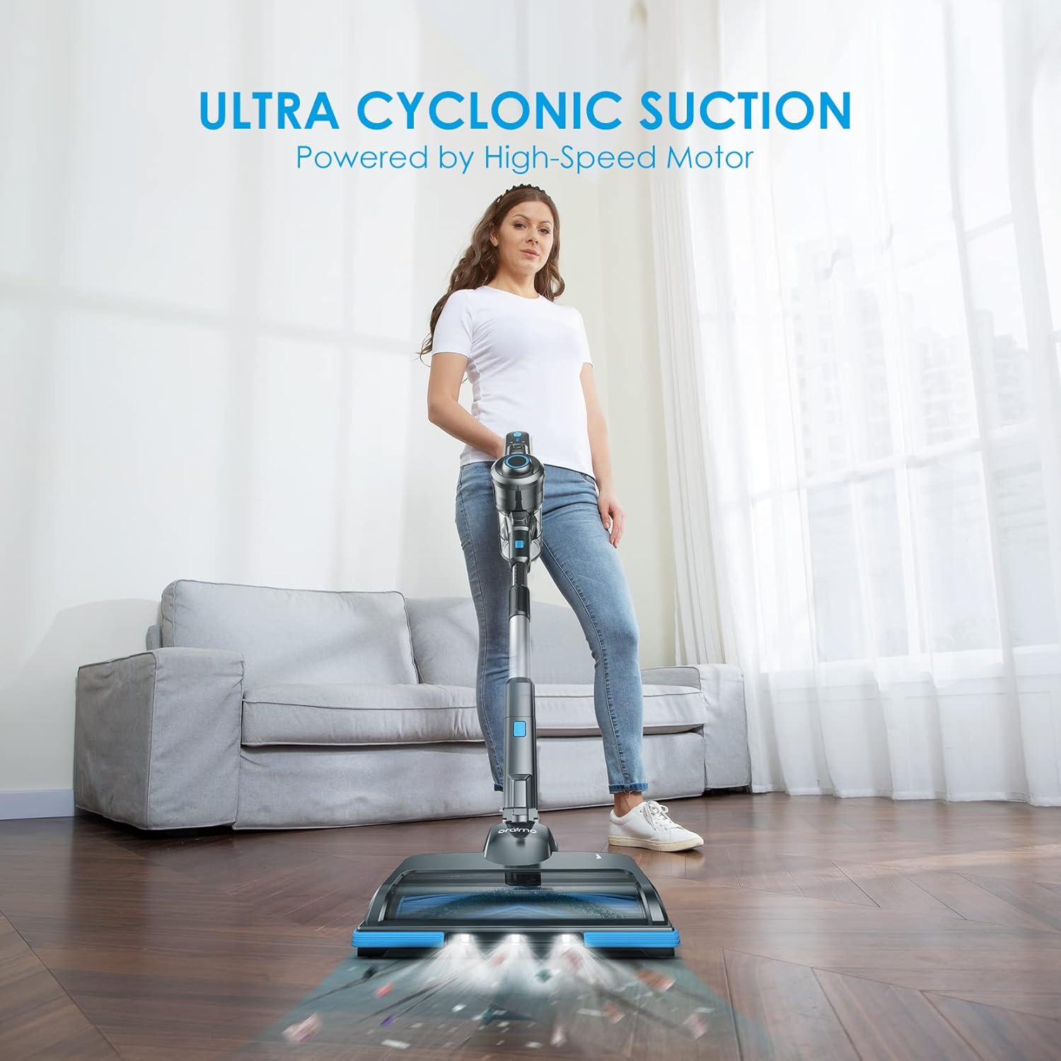 Oraimo Stick Vacuum, Cordless Vacuum Cleaner with Self-Standing, Cordless Stick Vacuum with 35 Mins Runtime Detachable Battery