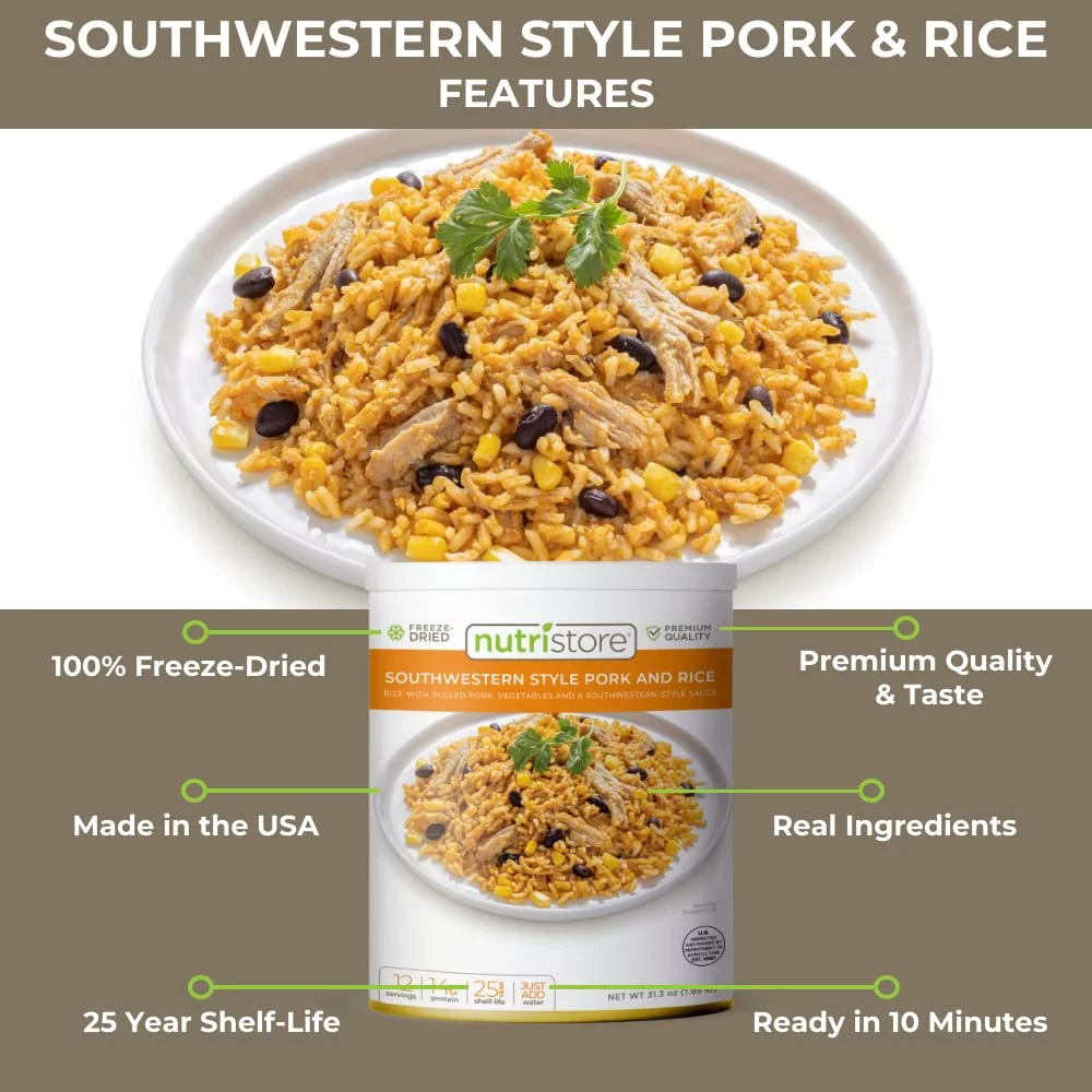Nutristore Freeze-Dried Southwestern Style Pork and Rice | Emergency Survival Bulk Food Storage Meal | Perfect for Everyday Meals and Long-Term