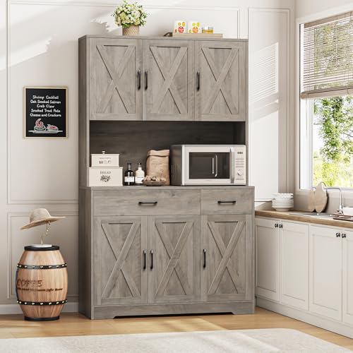 HOSTACK 71" Pantry Cabinet with Charging Station, Tall Kitchen Pantry Storage Cabinet with Microwave Stand