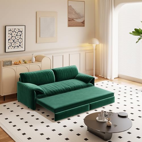 70.1" Futon Sofa Bed Queen Size, Pull Out Bed, 3-in-1 Convertible Sleeper Sofa with 2 Soft Pillows, Modern Velvet Futon Couch for Living Room