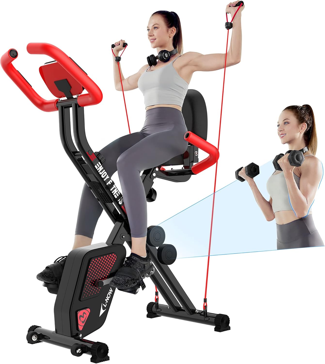 pooboo Foldable Exercise Bike Indoor Cycling Bike Magnetic Upright Bike Stationary Bike with Arm Resistance Bands,Pulse Sensor,LCD Monitor,Dumbbells